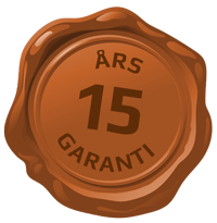 Et bilde av en voksforsegling med teksten 15 års garanti.