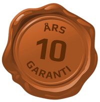 Et bilde av en voksforsegling med teksten 10 års garanti.