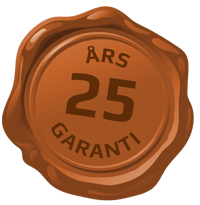 Et bilde av en voksforsegling med teksten 25 års garanti.